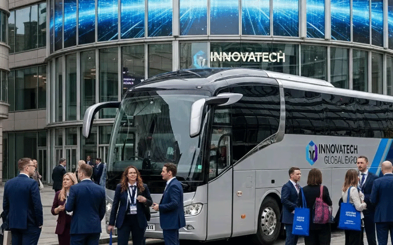 Comfortable executive coach interior with charging ports and workspace seating.