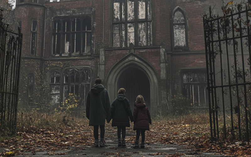 family visiting Denbigh Asylum, Denbighshire, spooky adventure, October 2024, UK