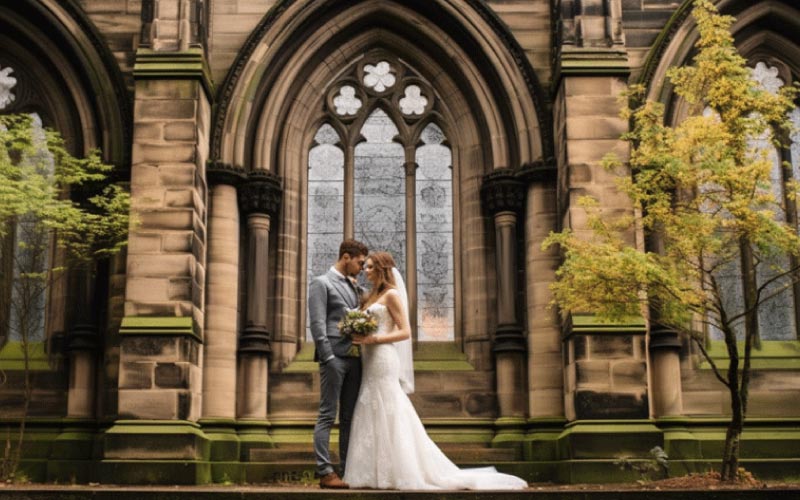 wedded couple in front of Edinburgh church, Edinburgh events, November 2024, UK