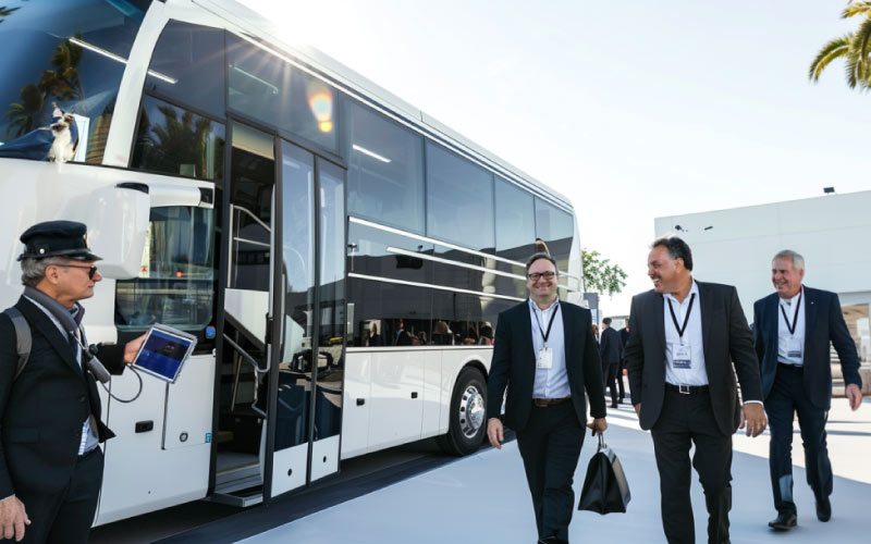 corporate employees visiting industry fair booths, VIP coach charter, July 2024, UK