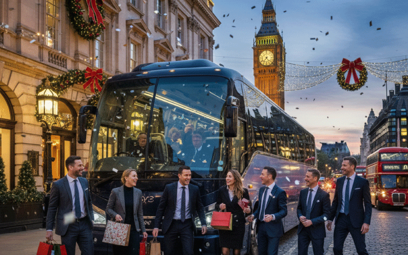 Corporate team boarding a luxury coach for their office Christmas party in London