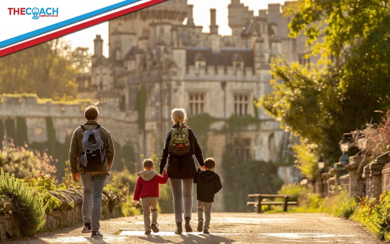 family excitedly entering a castle tour, family trip, July 2024, UK