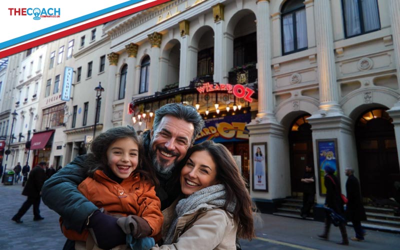 family posing together at West End, London family trip, August 2024, UK