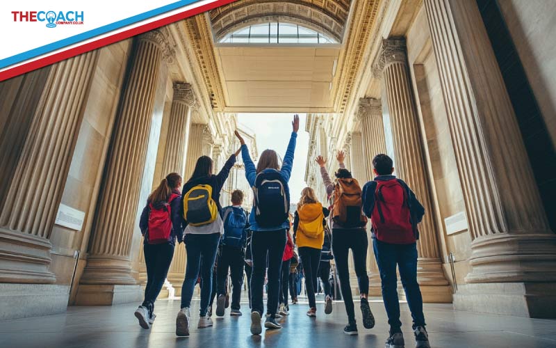 students excitedly entering a museum, school trip, July 2024, UK