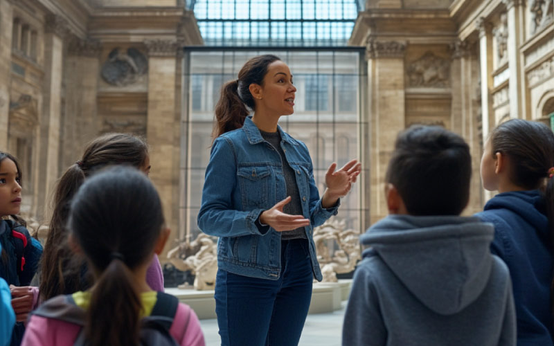 teacher talking to her students in a museum, museum itinerary, July 2024, UK