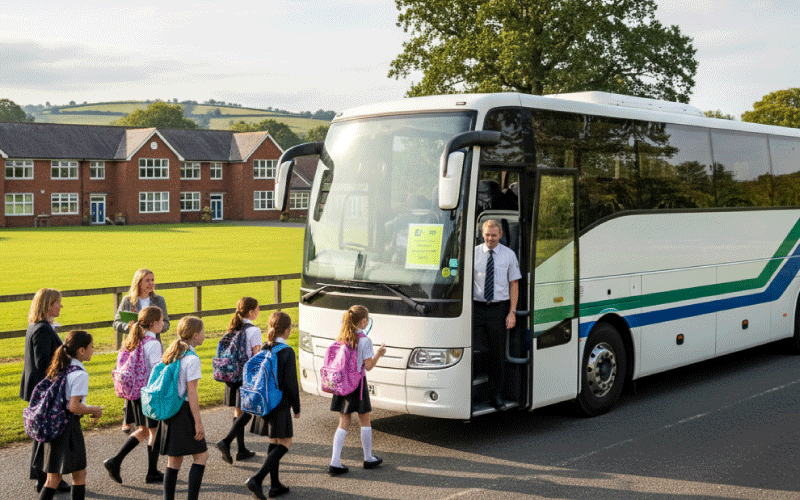 Students boarding a safety-checked coach for a UK school trip