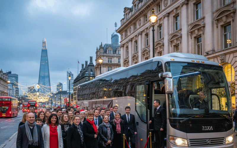 Corporate team boarding a luxury coach for an end-of-year party in London