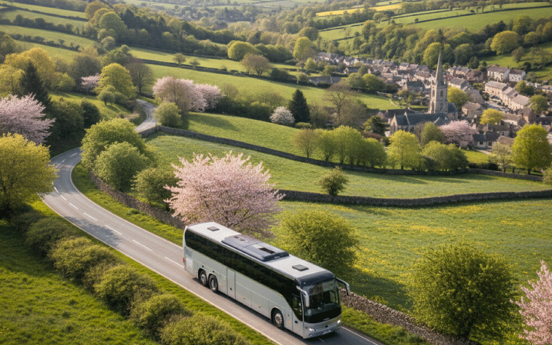 England countryside in April spring bloom with coach group tour