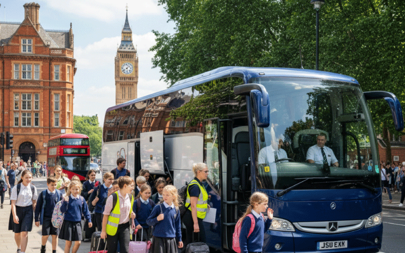 Family and school groups boarding a coach for a UK holiday adventure