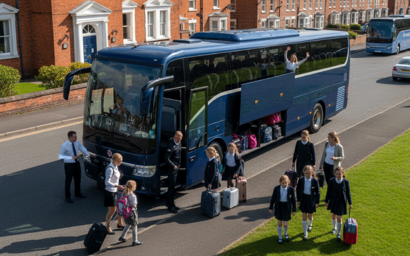 Family and school groups boarding a coach for a UK holiday trip