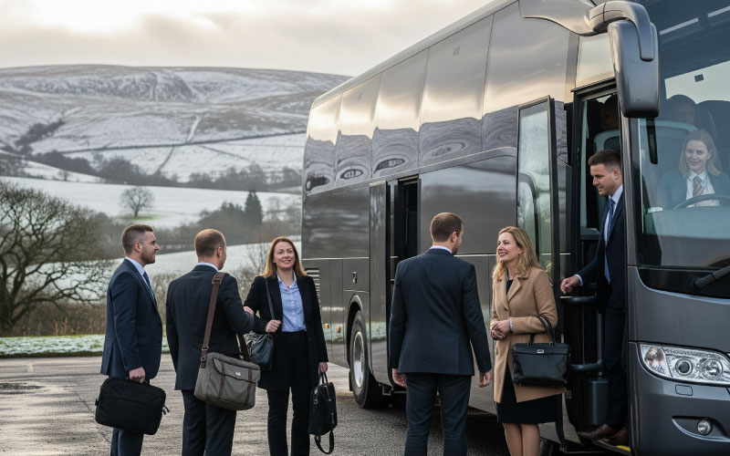 Corporate team boarding a coach for winter holiday UK