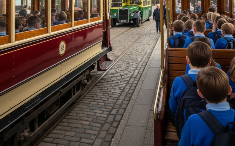 Students exploring Edwardian street exhibits at Beamish Museum