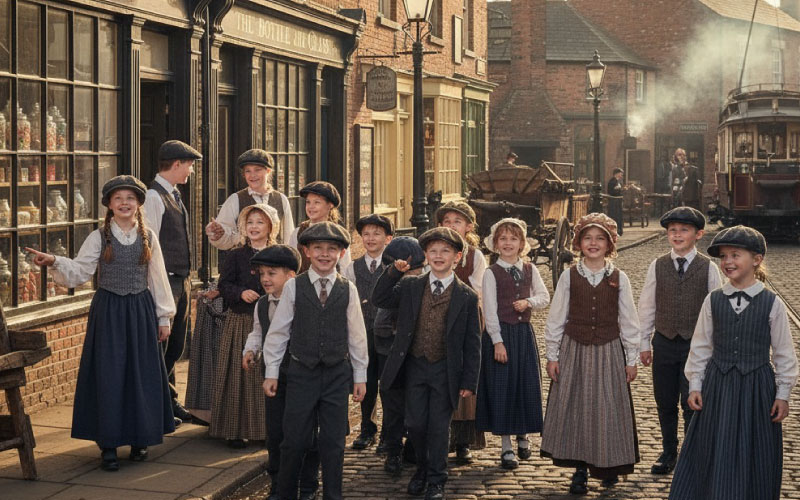 School group exploring Victorian street at the Black Country Living Museum