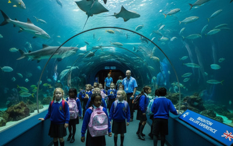 School group walking through the ocean tunnel at Brighton Sea Life Centre