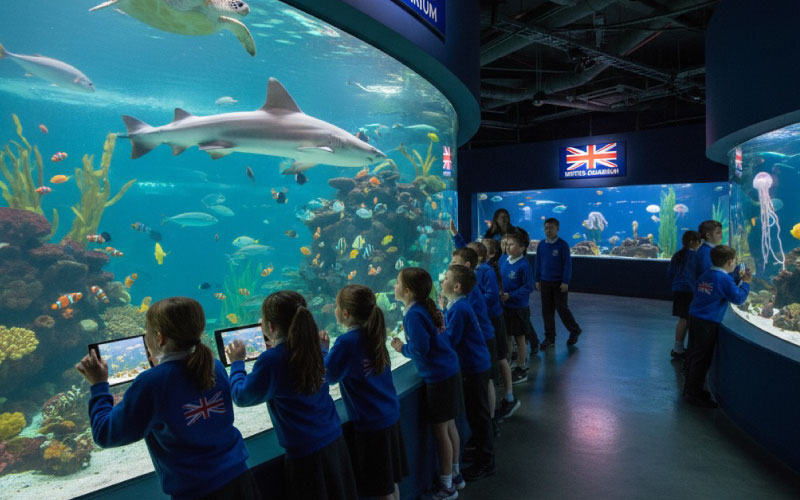 Pupils watching marine life in large tanks at Bristol Aquarium