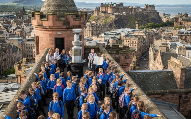 School group exploring the rooftop views at Camera Obscura & World of Illusions