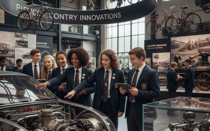Students learning about engineering innovations inside Coventry Transport Museum