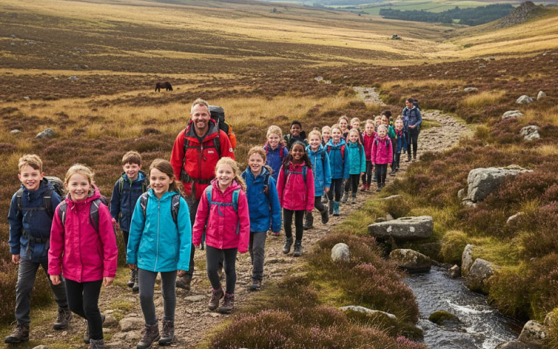School group hiking across Dartmoor National Park with a guide