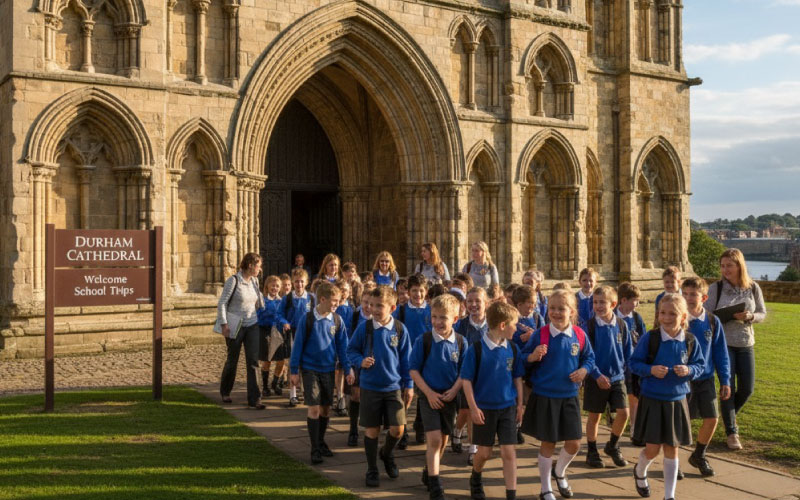 School group walking into Durham Cathedral during a school trip