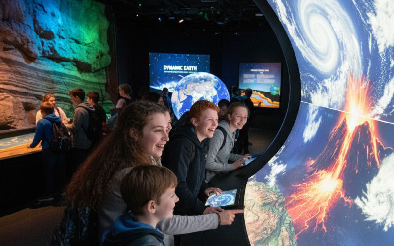 Students at Dynamic Earth Edinburgh exploring interactive earth science exhibits