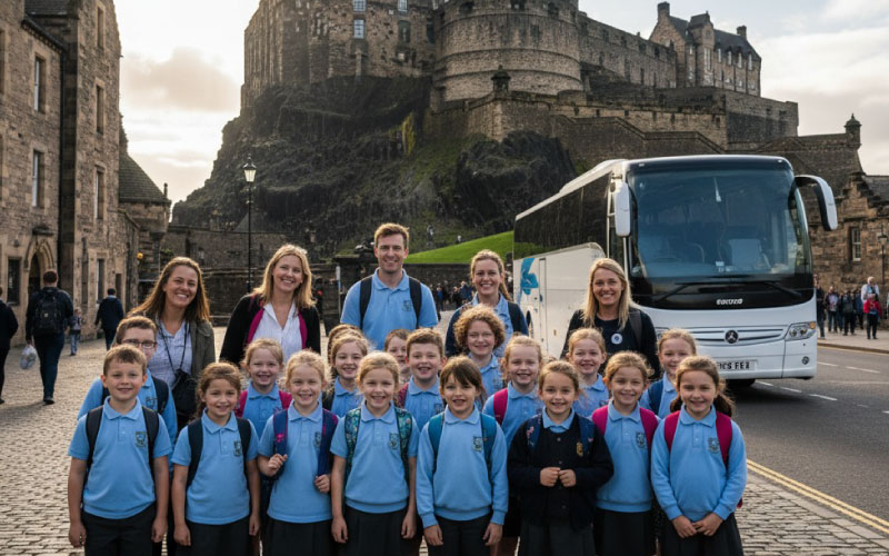 School group visiting Edinburgh Castle with coach parked nearby