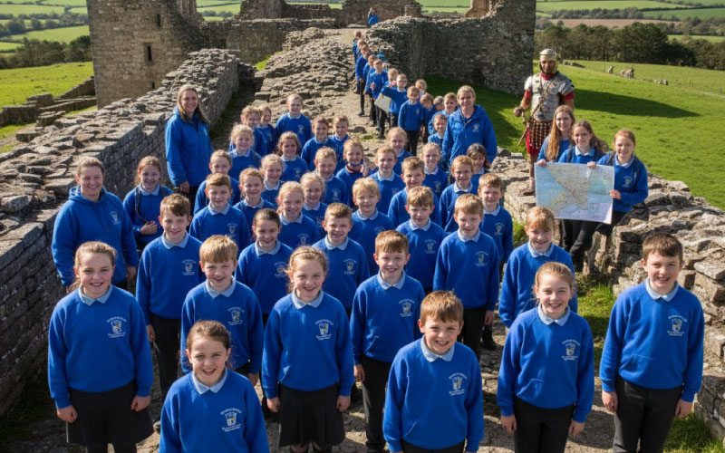 School group exploring Hadrian’s Wall ruins during a history trip