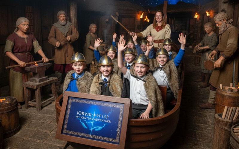 School group riding the time-travel attraction inside Jorvik Viking Centre York
