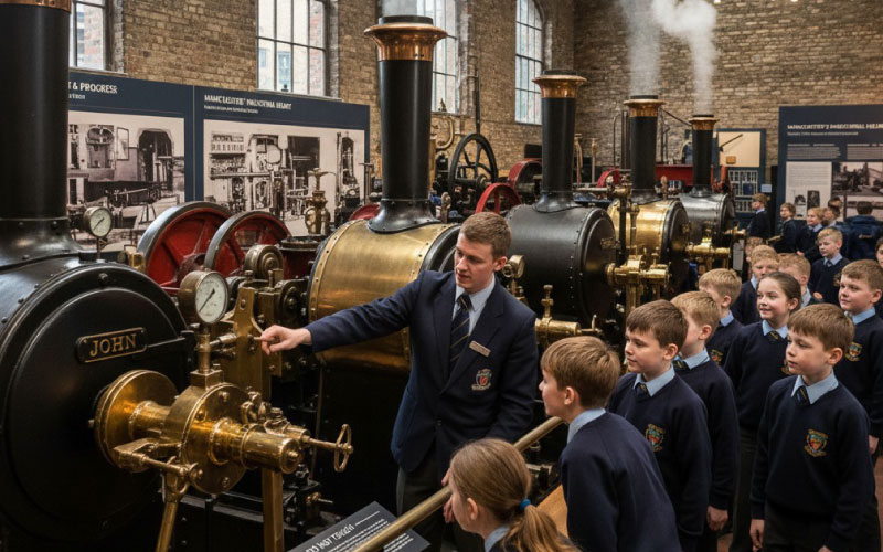 School group exploring working steam engines at the Museum of Science and Industry, Manchester