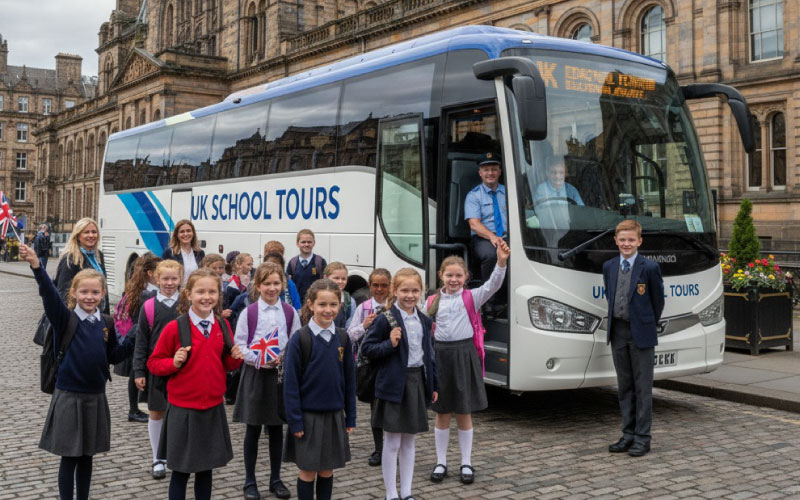 School coach parked outside the National Museum of Scotland in Edinburgh