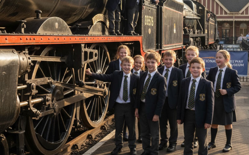 Students exploring historic steam locomotives during a school trip