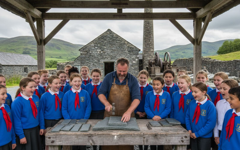 School group watching slate-splitting demonstration at the National Slate Museum