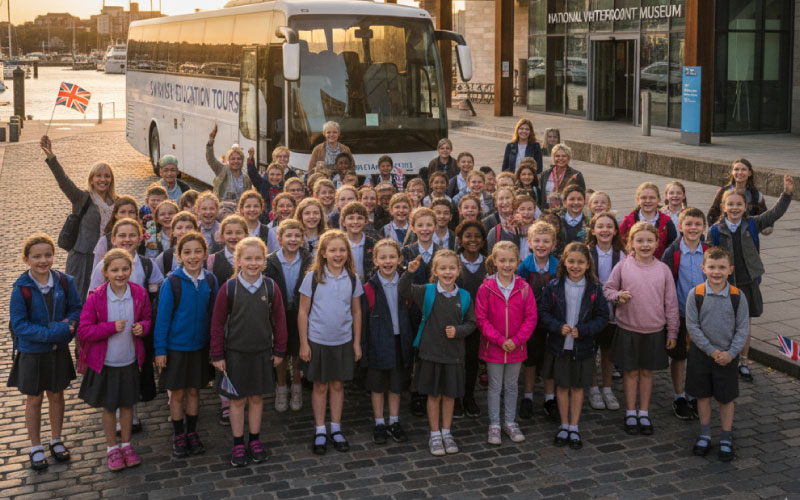 School coach parked outside Swansea’s National Waterfront Museum