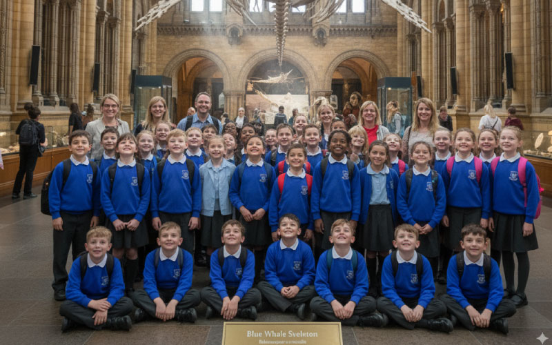 School group standing beneath the blue whale skeleton at the Natural History Museum