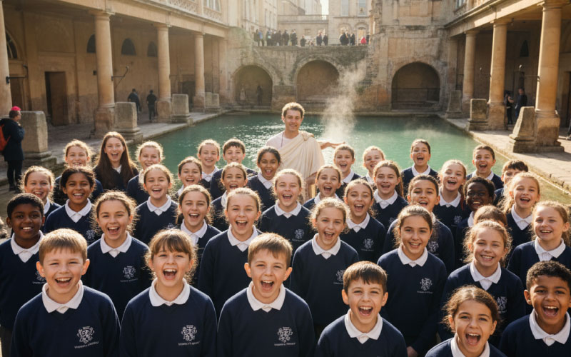 School group touring the ancient Roman Baths in Bath