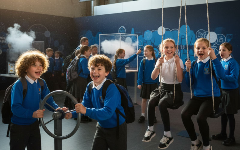 School group exploring interactive exhibits at the Science Museum London