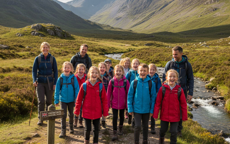 School group hiking in Snowdonia National Park with teacher guide