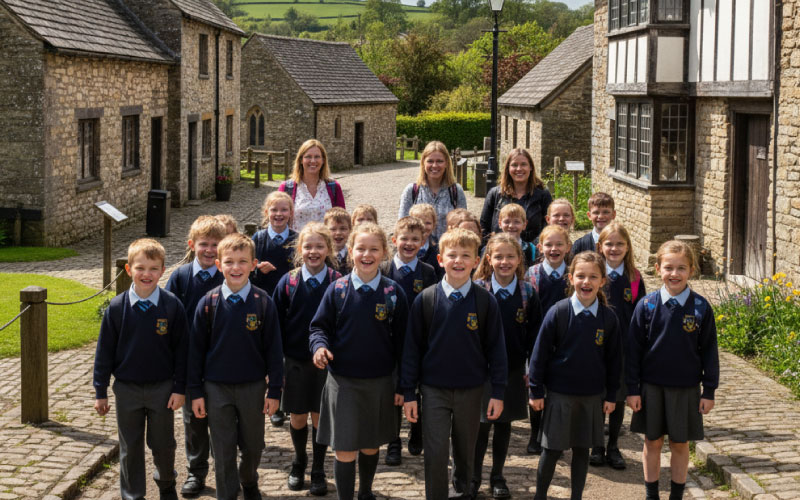School group walking through historic buildings at St Fagans National Museum of History