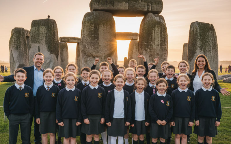 School group standing near the ancient stone circle at Stonehenge
