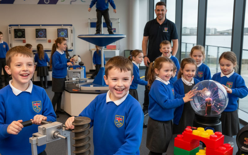School group experimenting with hands-on exhibits at Techniquest Cardiff
