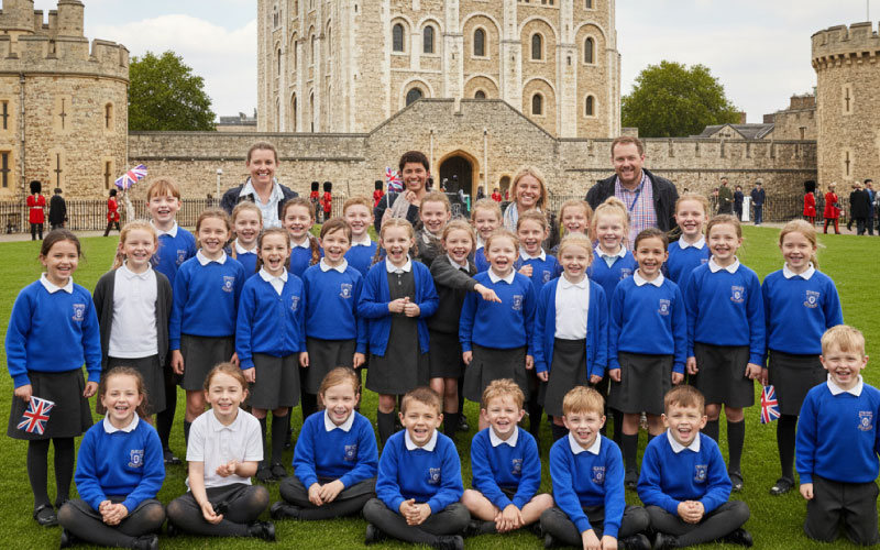 School group outside the White Tower at the Tower of London