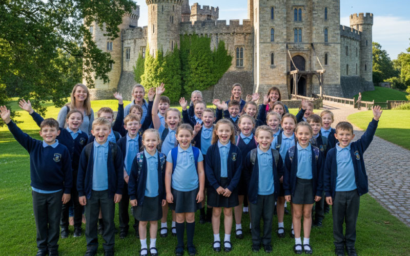 School group standing outside Warwick Castle on a sunny day