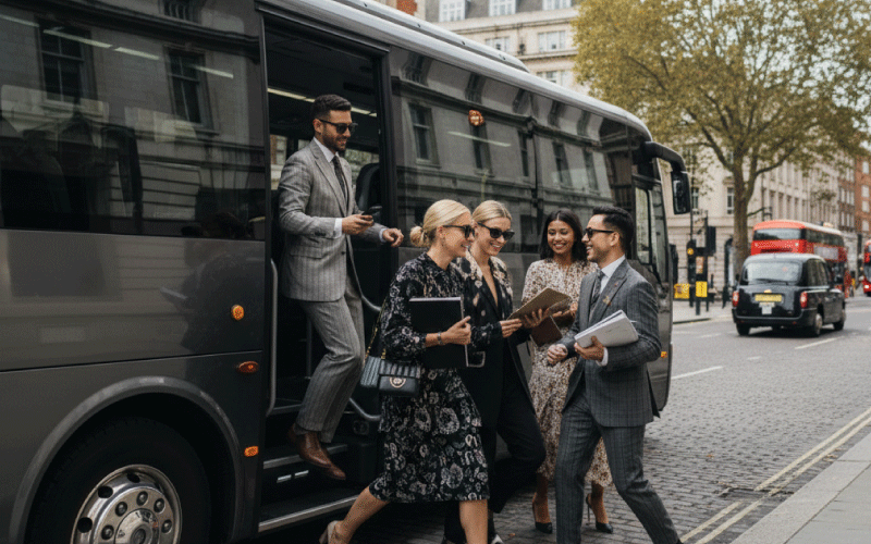 Creative team boarding a private executive minibus for London Fashion Week.