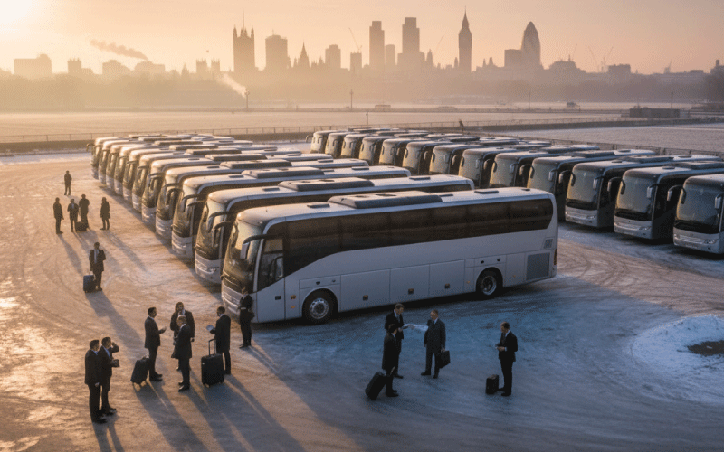 Corporate staff boarding a modern coach in London during January.