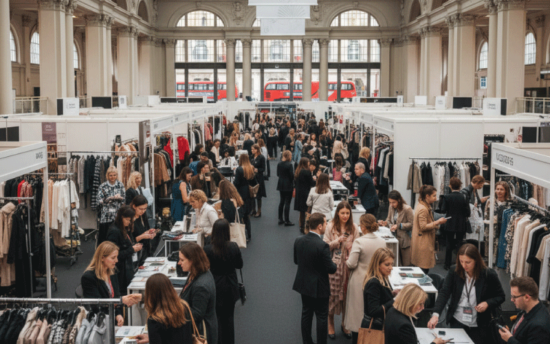 Fashion buyers networking with suppliers at Pure London trade show