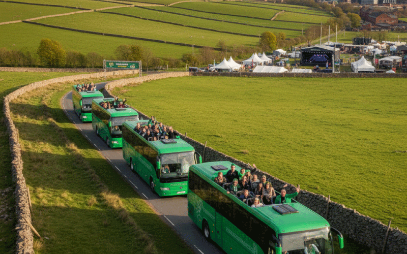 Friends and families travelling together by coach to the Manchester Irish Festival