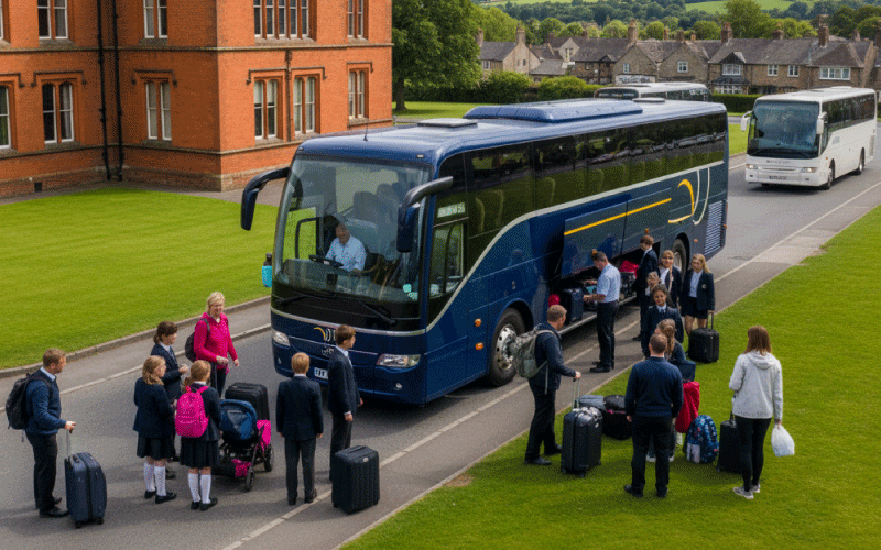 Family and school groups boarding a coach for a UK holiday trip